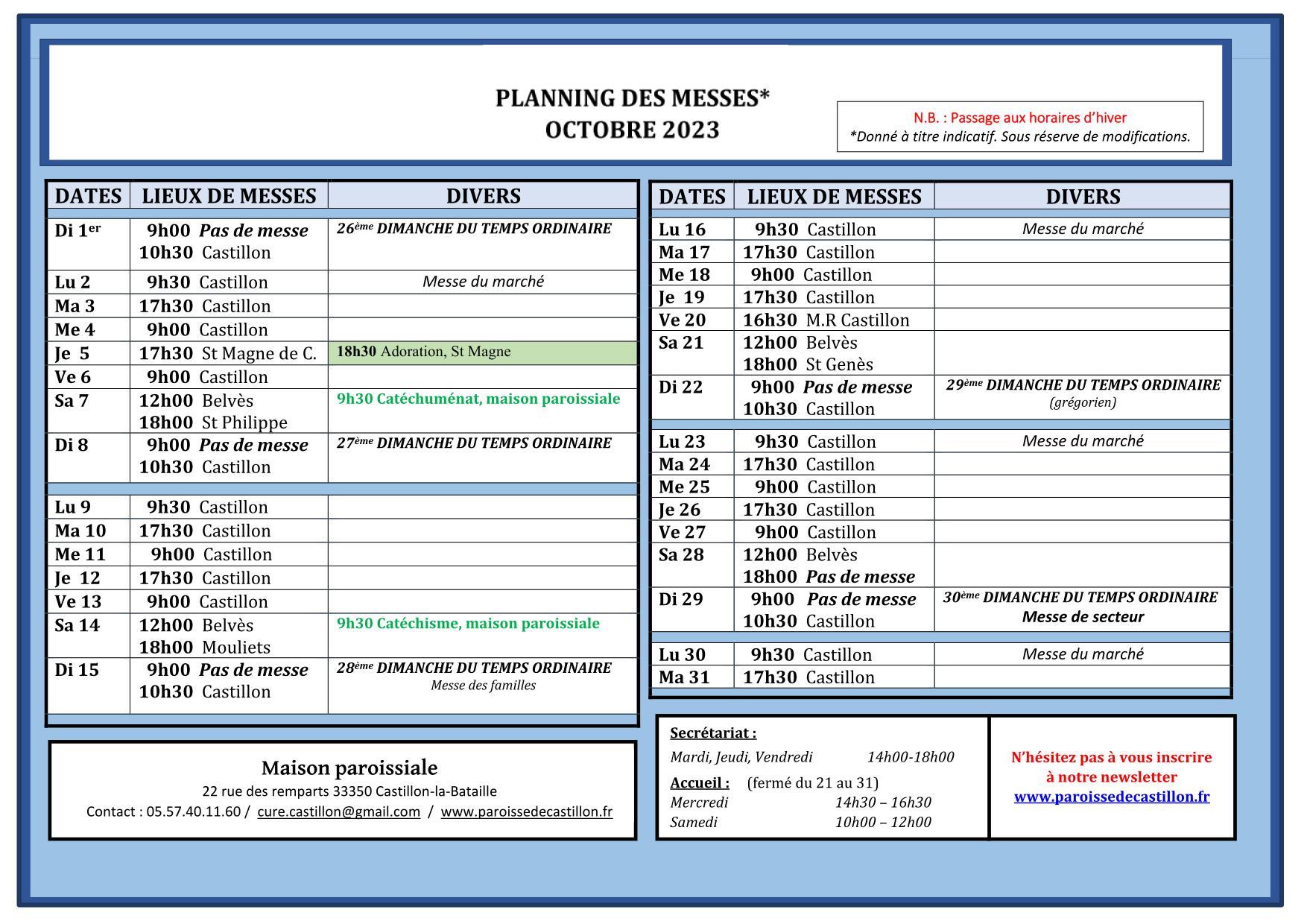 Planning messe octobre
