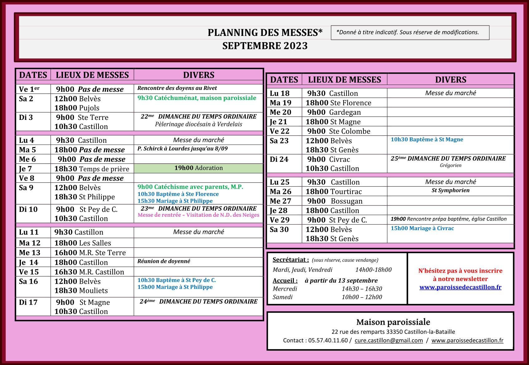 Planning septembre 2023
